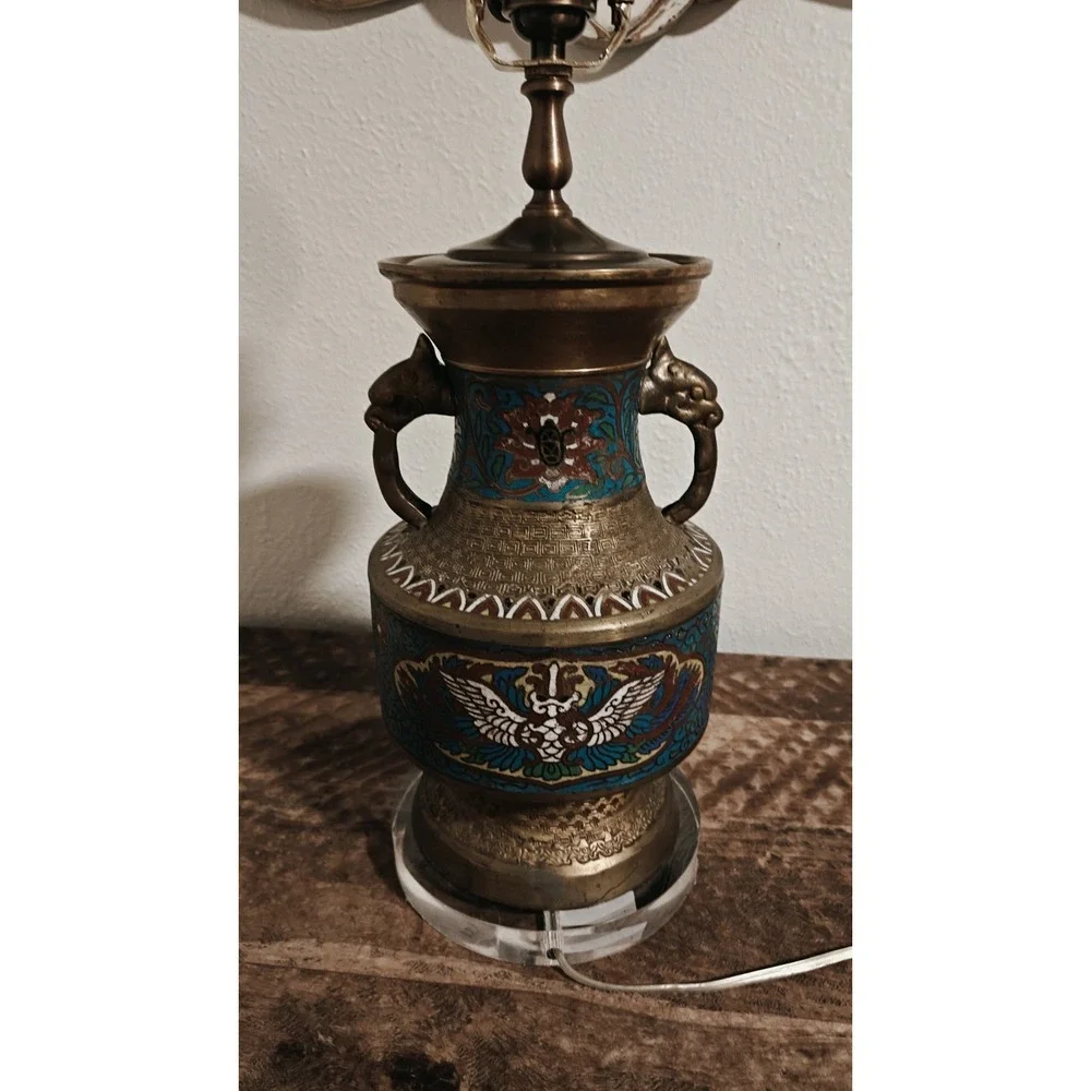 Vintage Japanese Champleve Bronze Enamel Cloisonne Table Lamp Works!